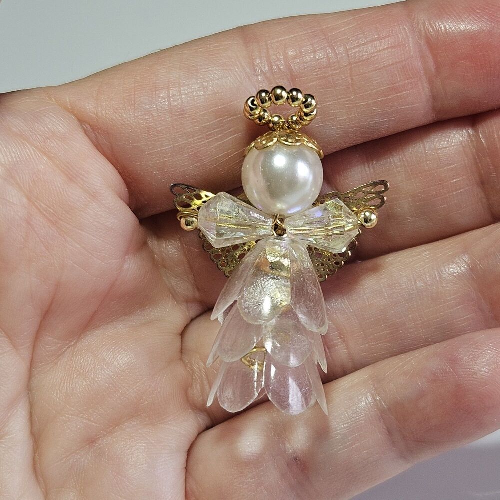 Artisan Vintage Gold Tone Faux Pearl Iridescent Beaded Angel Brooch